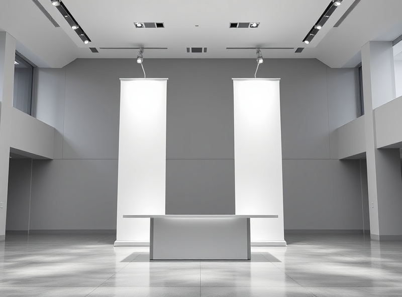 Professional trade show booth with banner stands and displays